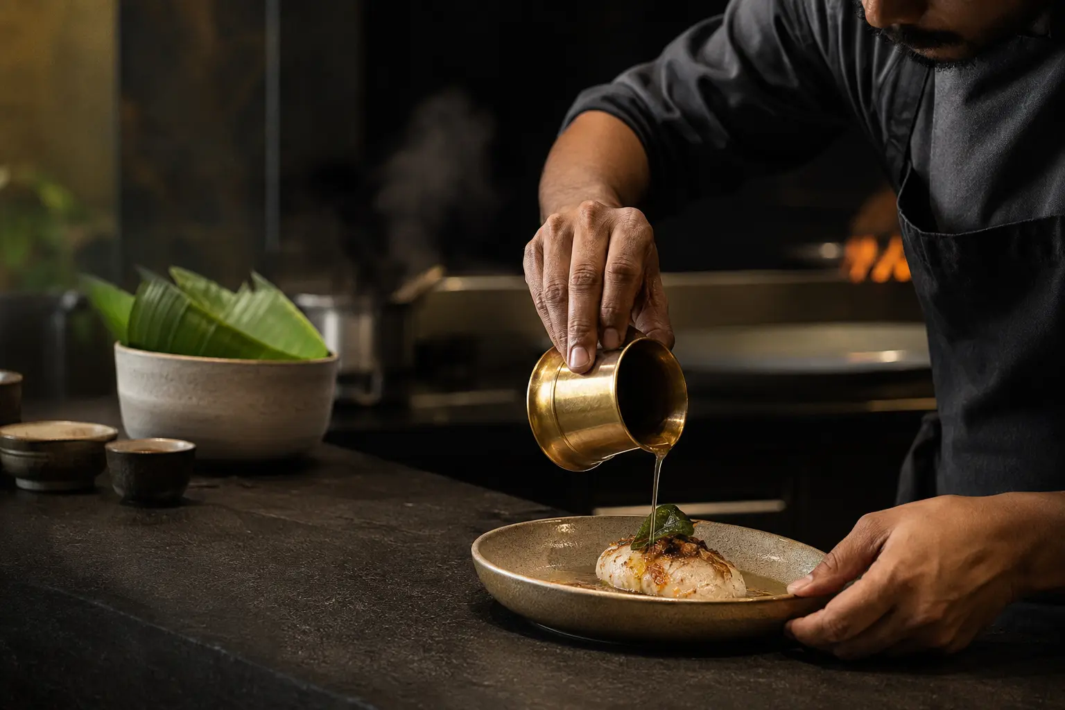 A chef finishing a dish in the open kitchen
